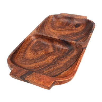 Side view of the acacia two section serving dish
