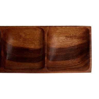 Acacia rectangular dish shown with sections visible
