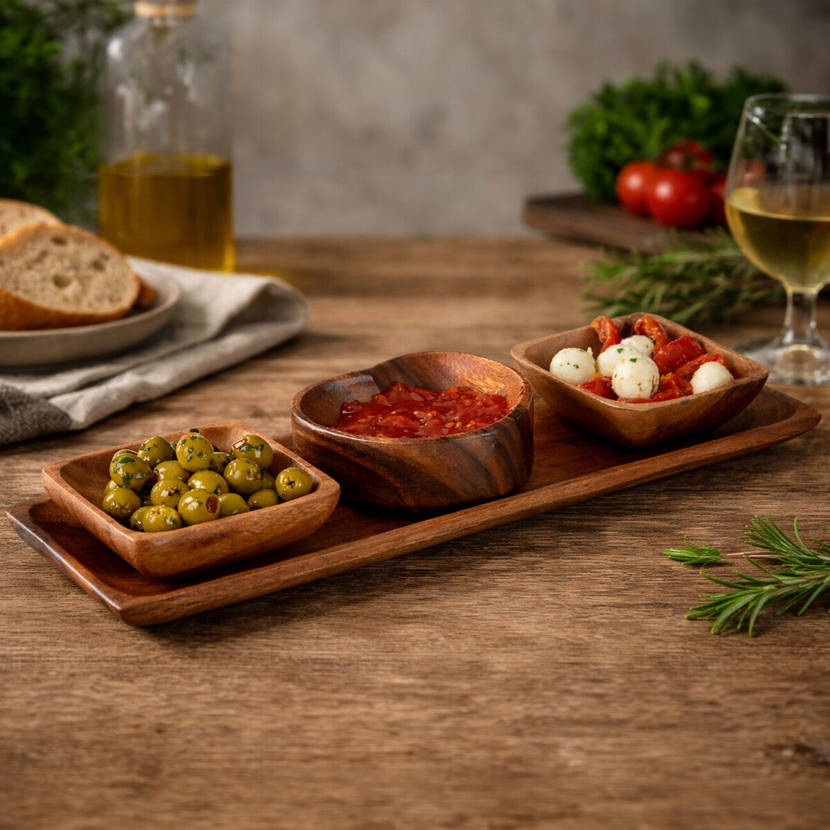 Acacia Wood 3 Piece Serving Dish Set with Tray | Kora