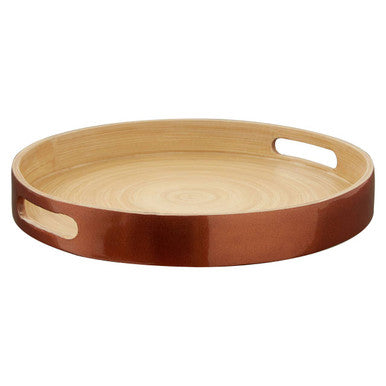 Rose gold bamboo serving tray shown from above with concentric circle pattern