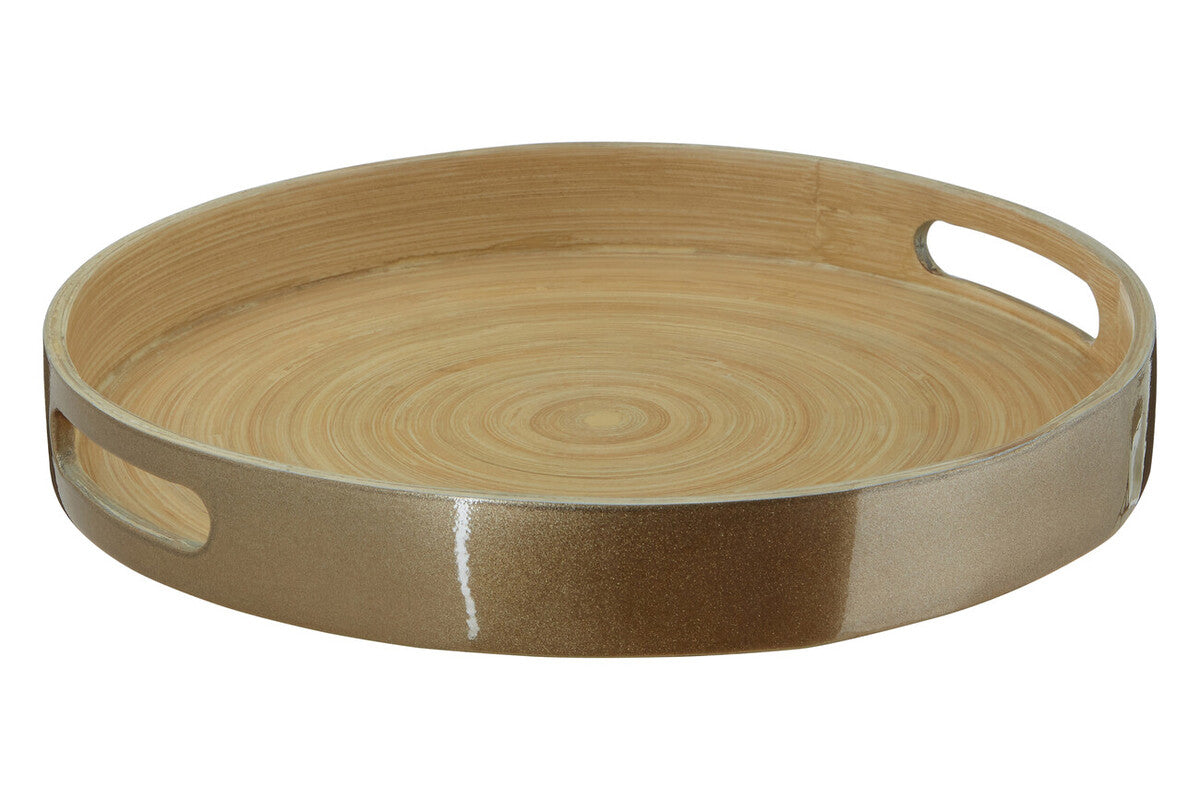 Gold bamboo serving tray shown from above with concentric circle pattern