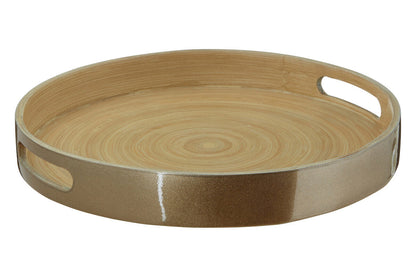 Gold bamboo serving tray shown from above with concentric circle pattern