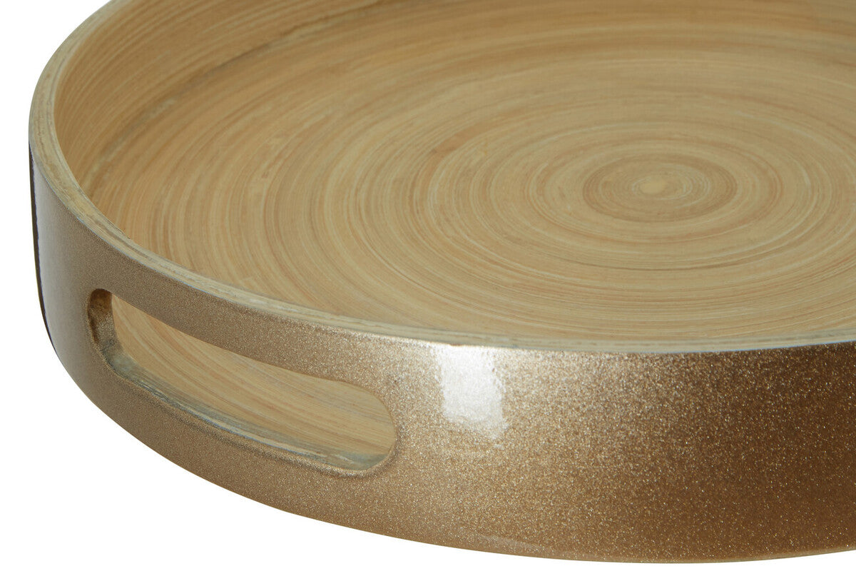 Gold bamboo serving tray shown in packaging