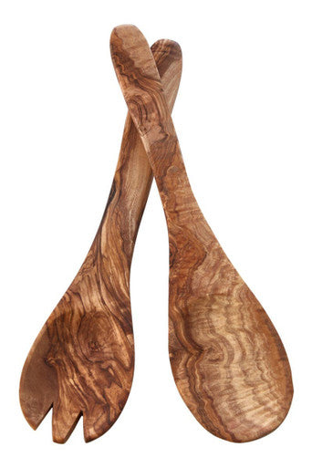 Kora Olive Wood Flat Salad Servers | Handcrafted Set of 2