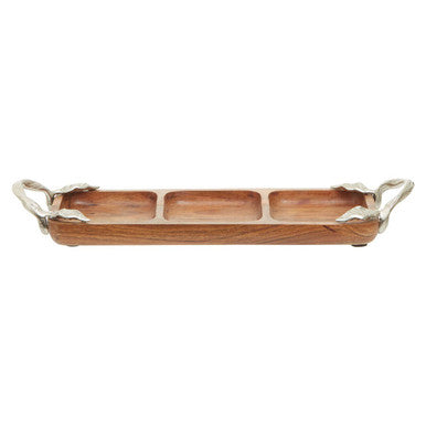 Vine acacia wood 3 section serving dish with aluminium handles