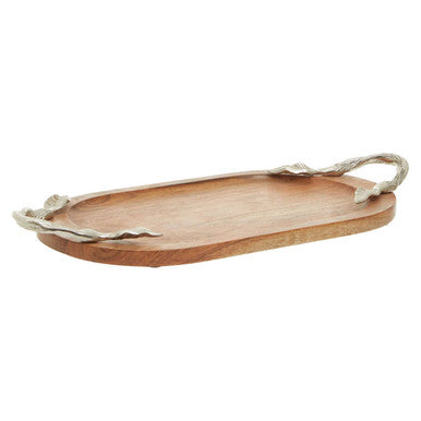 Acacia wood tray shown from above with leaf handles visible