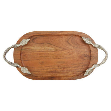 Side view of the acacia wood oval tray showing its slim profile