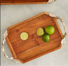 Vine acacia wood oval serving tray with aluminium leaf handles, 45cm