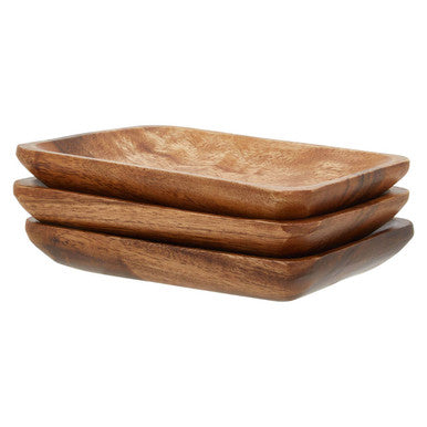 Set of three acacia dishes shown from above
