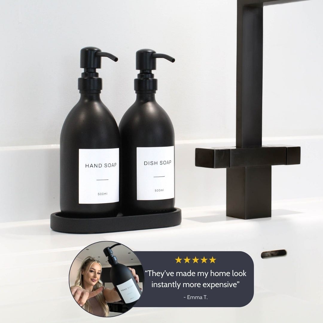 Namie Black Concrete Tray & Matte Black Glass Dispenser Double Set