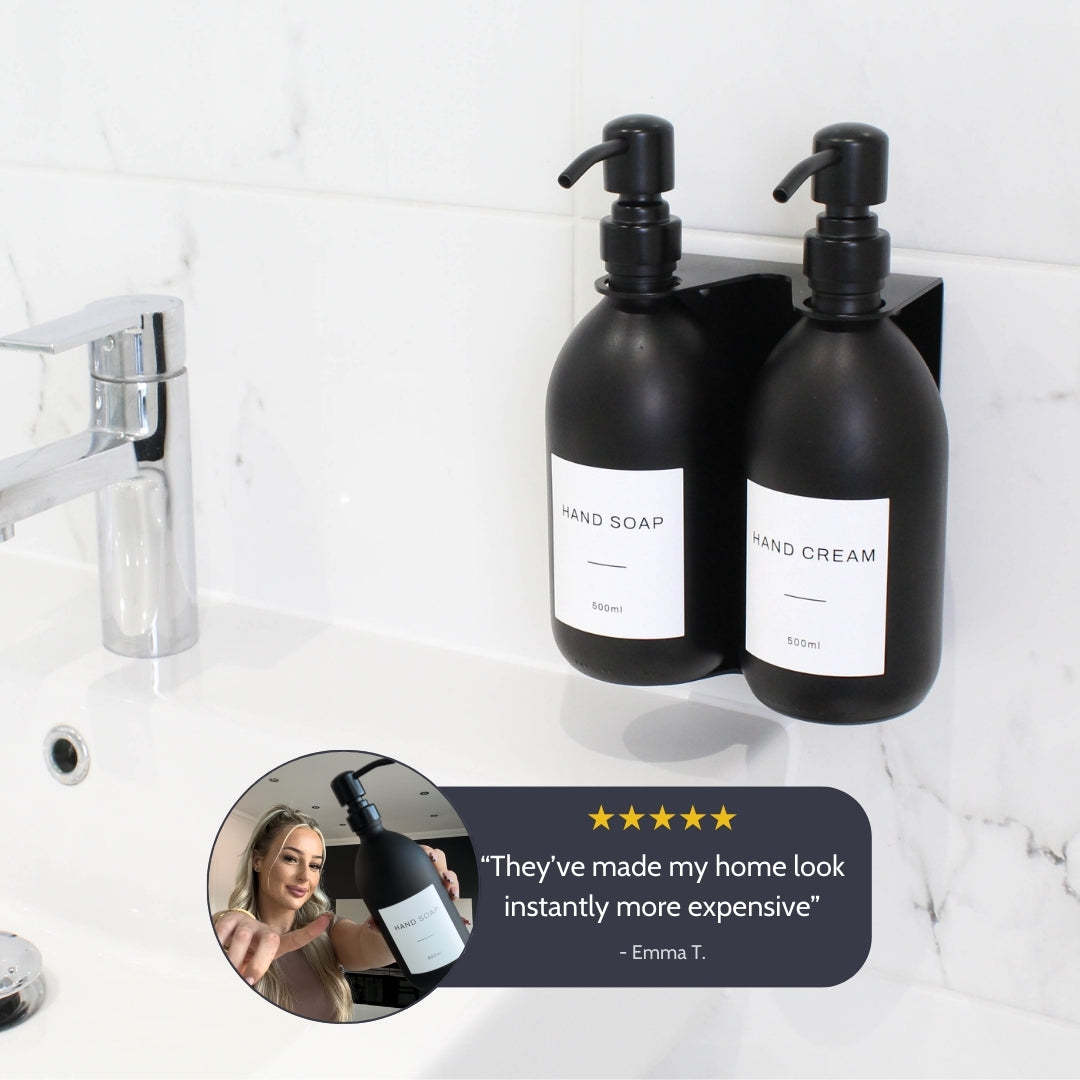 Namie Matte Black Wall Mounted Dispenser Bracket Set with Matte Black Bottles