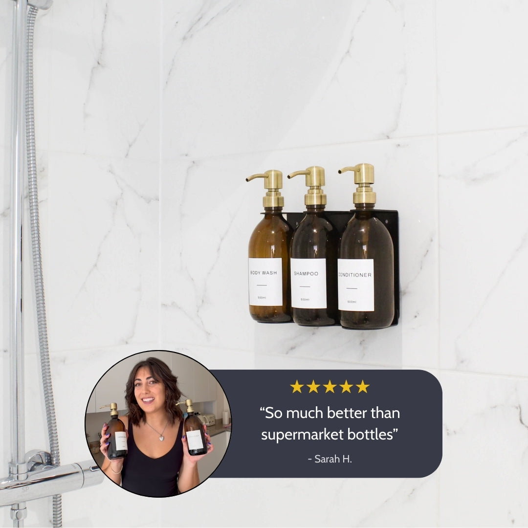 Namie Black Wall Bracket & Amber Glass Dispenser Set