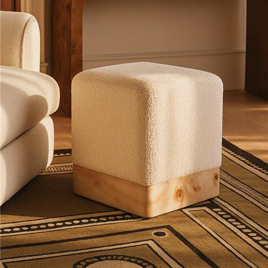 Mota Cream Boucle and Burl Wood Square Stool, 34 cm