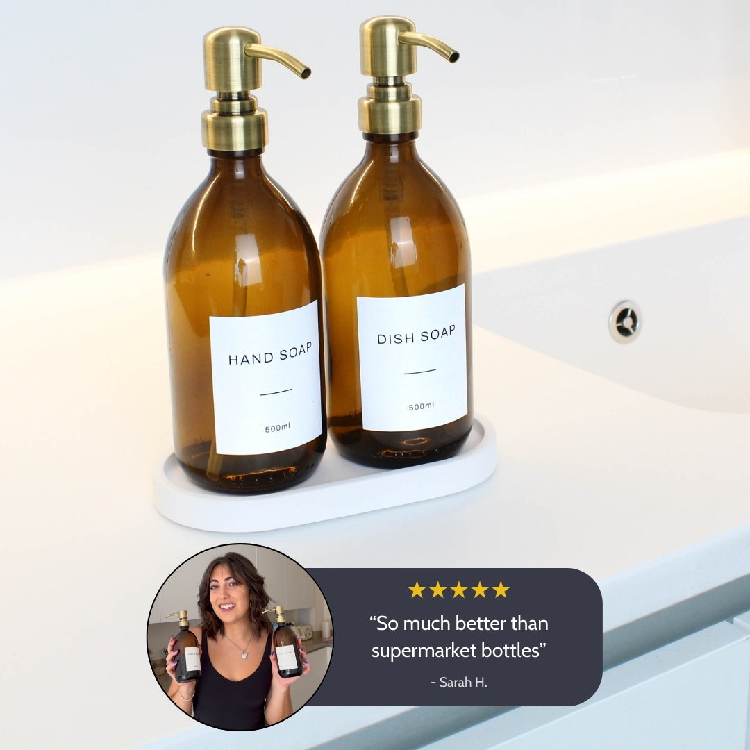 Namie Amber Glass Soap Dispenser Double Set with White Concrete Tray