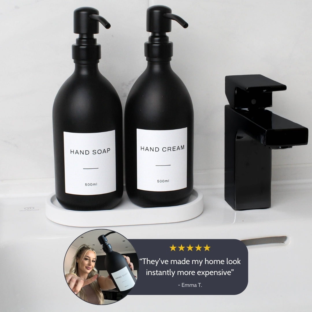 Namie Matte Black Glass Soap Dispenser Double Set with White Concrete Tray