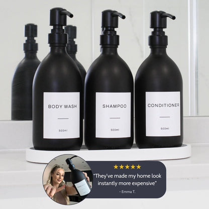 Namie Matte Black Glass Soap Dispenser Triple Set with White Concrete Tray