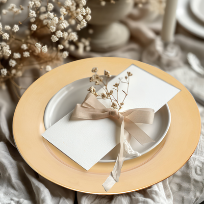 Flat gold charger plate shown at an angle highlighting the smooth surface