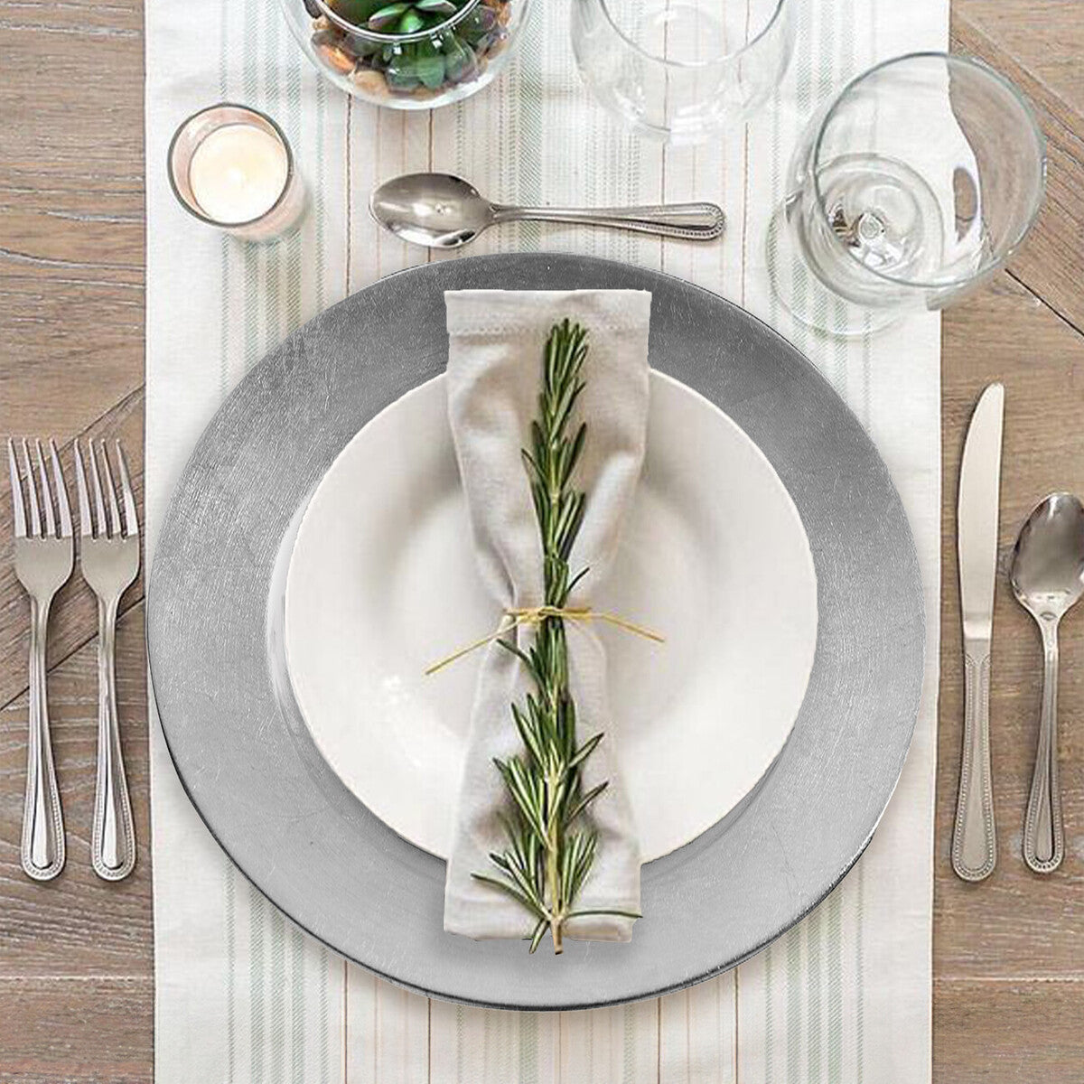 Silver textured charger plate shown from above