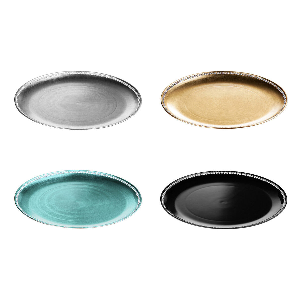 Silver charger plate laid beneath a dinner plate in a place setting