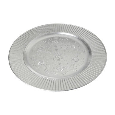 Redbud silver charger plate with embossed floral detail, 33cm