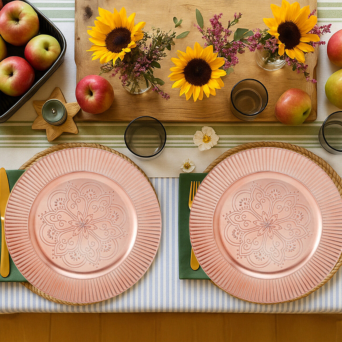 Rose gold charger plate styled on a dining table
