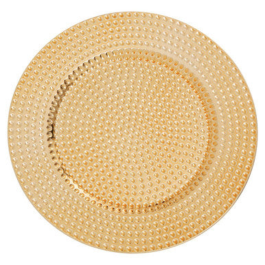 Gold hammered charger plate shown from above