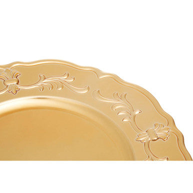 Side view of the gold baroque charger plate showing the scalloped edge