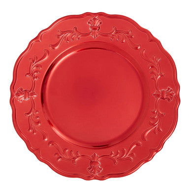 Close-up detail of the scrollwork on the red baroque charger plate