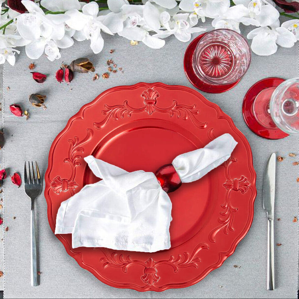 Red baroque charger plate with scalloped rim, 33cm diameter