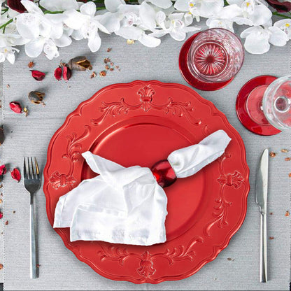 Red baroque charger plate with scalloped rim, 33cm diameter