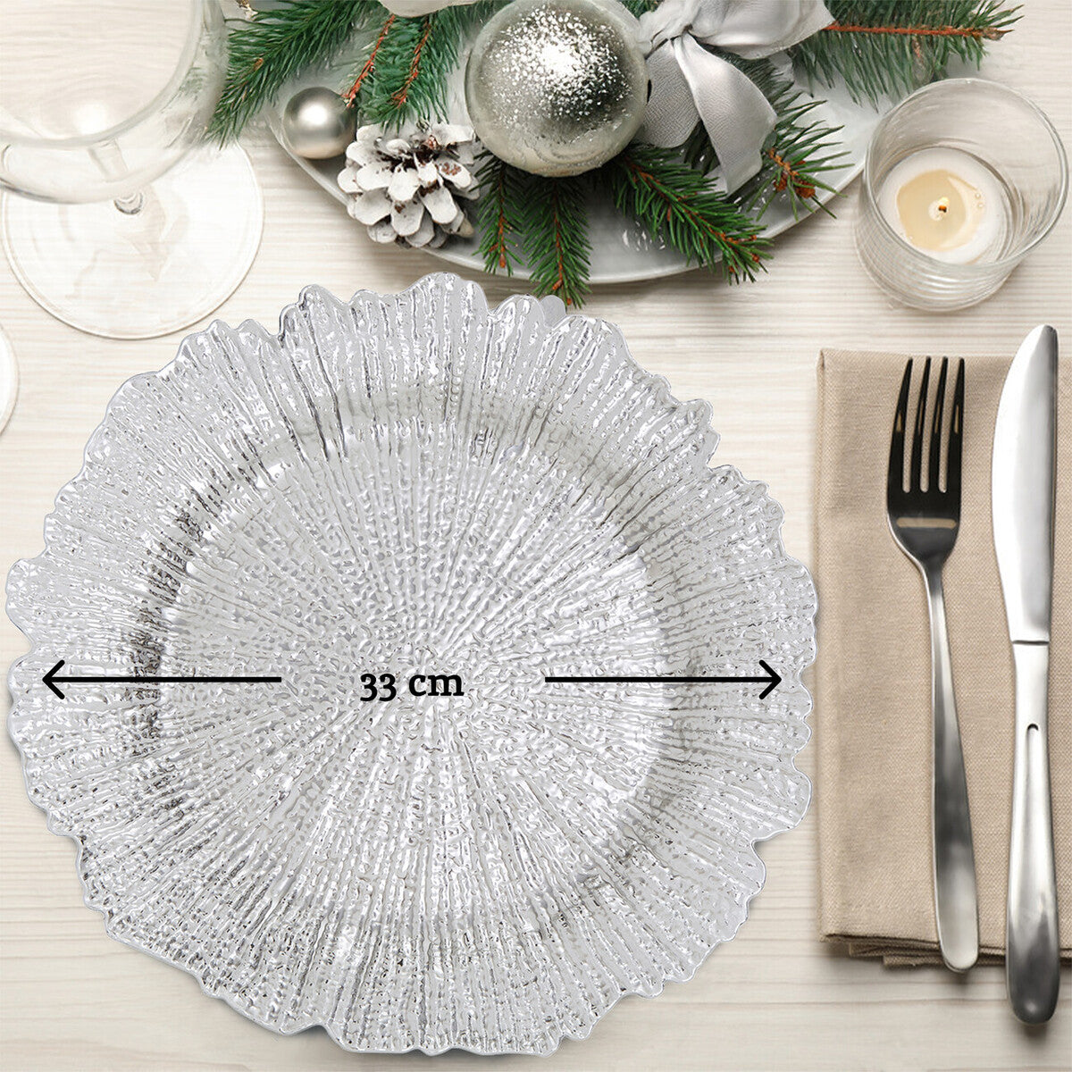 Side view of the silver reef charger plate