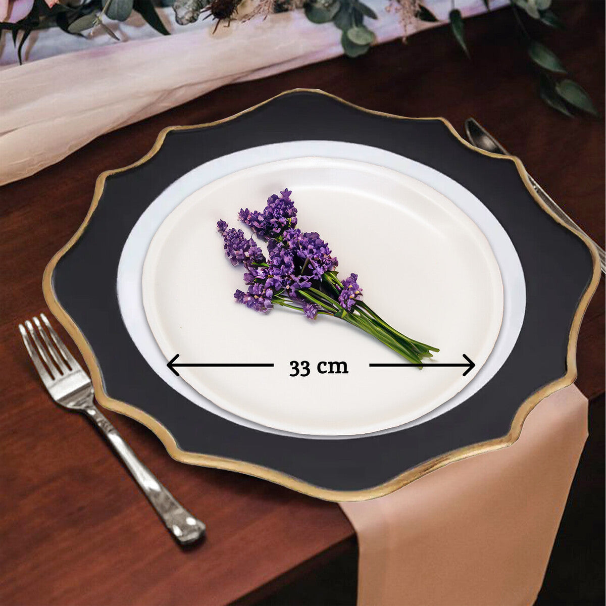Side view of the white and black scalloped charger plate