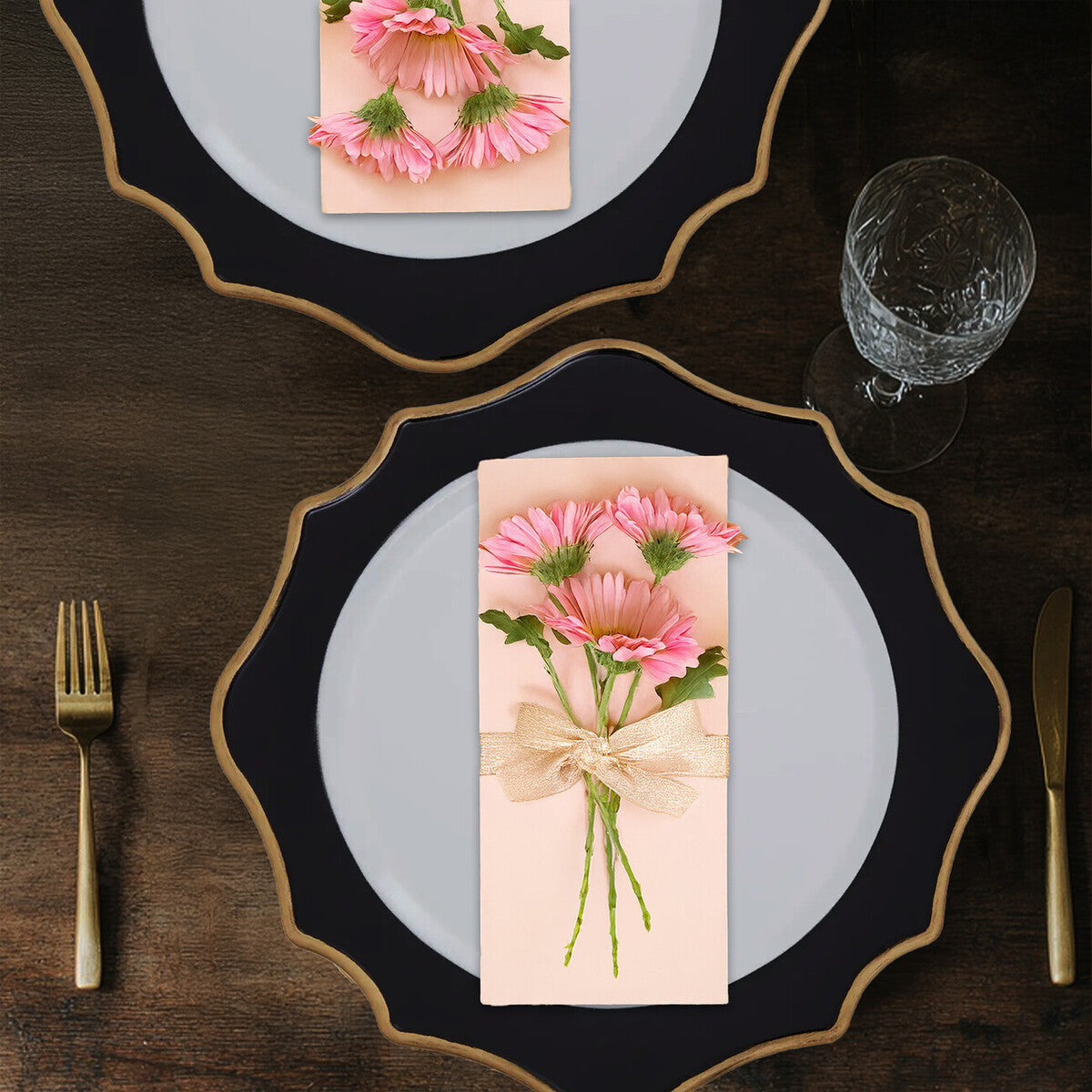 White and black charger plate styled on a dining table