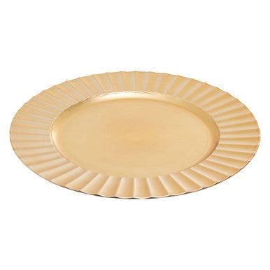 Gold charger plate shown from above, showing the fluted wave edge detail