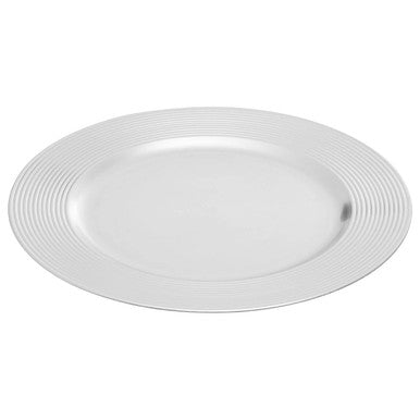 Side view of the silver charger plate showing the ribbed rim