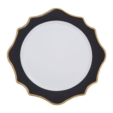 Black and white round charger plate with a scalloped rim, 33cm diameter