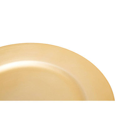 Close-up detail showing the smooth gold surface of the charger plate