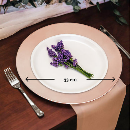 Stack of rose gold charger plates showing the flat profile