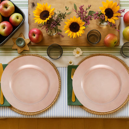 Rose gold charger plate styled with tableware for a formal dinner setting