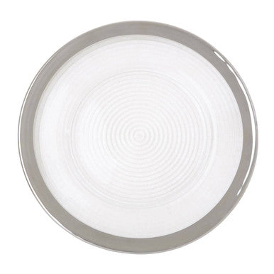Embossed glass charger plate shown from above with spiral texture visible