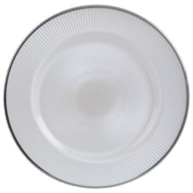White embossed glass charger plate with a silver rim, 33cm diameter