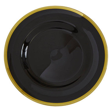 Black glass charger plate shown from above with gold edge visible