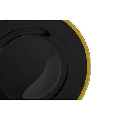 Close-up detail of the gold rim on the black glass charger plate
