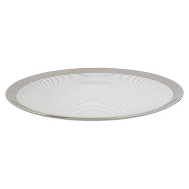 Embossed glass coupe charger plate shown from above with spiral texture visible
