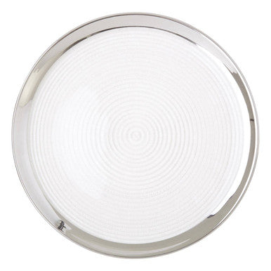 Clear embossed glass coupe charger plate with a silver rim, 32cm diameter