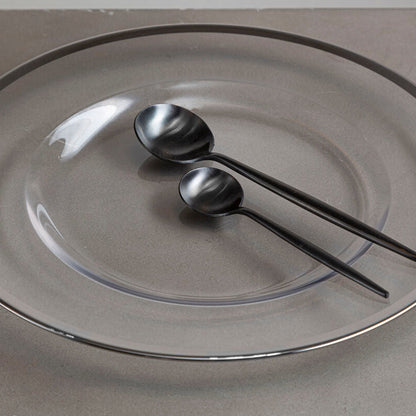 Glass charger plate with silver rim shown from above