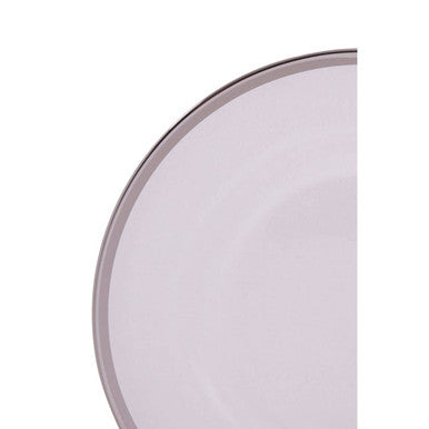 Close-up detail of the silver rim on the glass charger plate