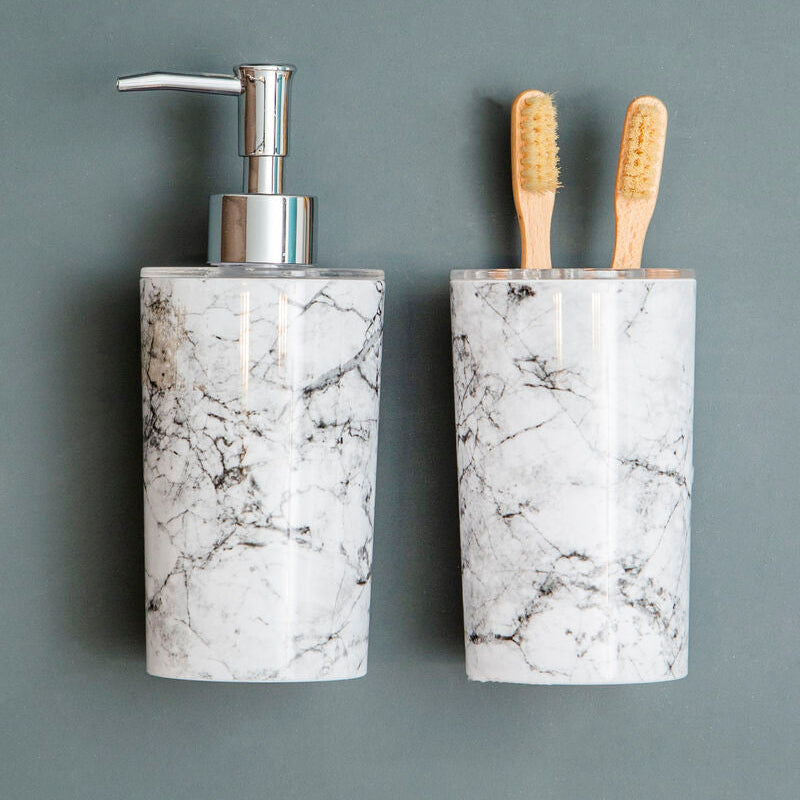 Rome Grey Marble Effect Soap Dispenser styled on a bathroom counter