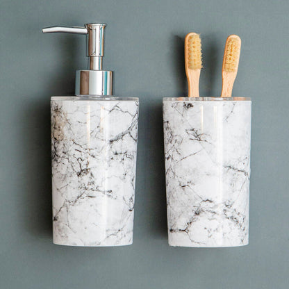 Rome Grey Marble Effect Soap Dispenser styled on a bathroom counter