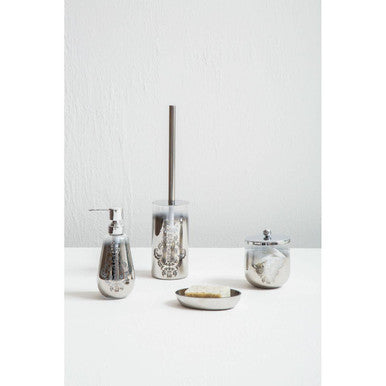 Elissa Silver Ombre Soap Dispenser styled on a vanity